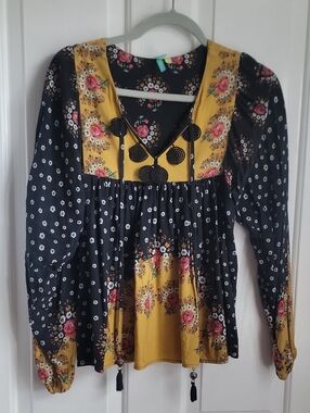 Farm Rio Floral Patchwork Long Sleeve Boho Top Shirt Anthropologie Xs X Small